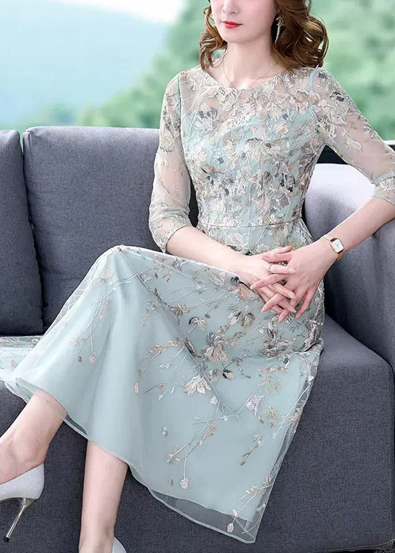 Chic Water Blue O-Neck Embroidered Floral Tunic Organza Long Dress Half Sleeve Tunics Satin smooth