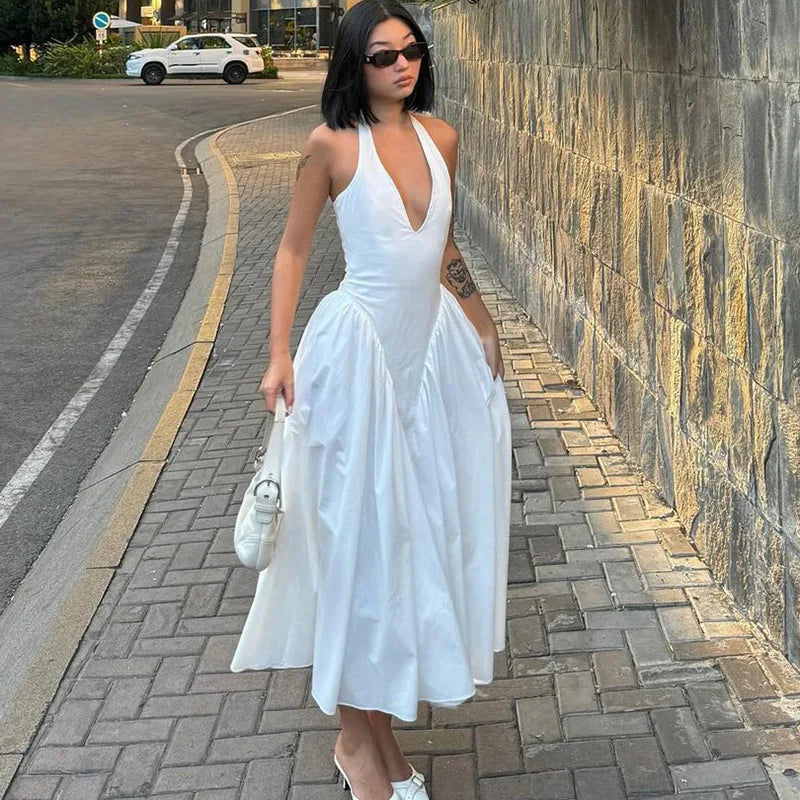 Halter Deep V Sleeveless Long Dress Tunics Versatile all-occasion