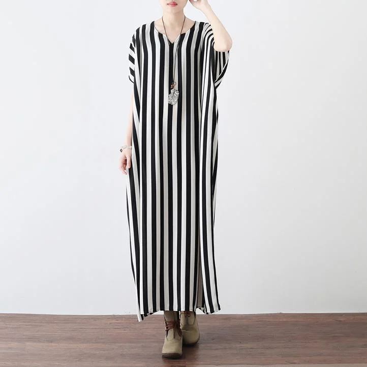 Fine black white striped long chiffon dresses plus size clothing tie waist chiffon gown Fine o neck dress