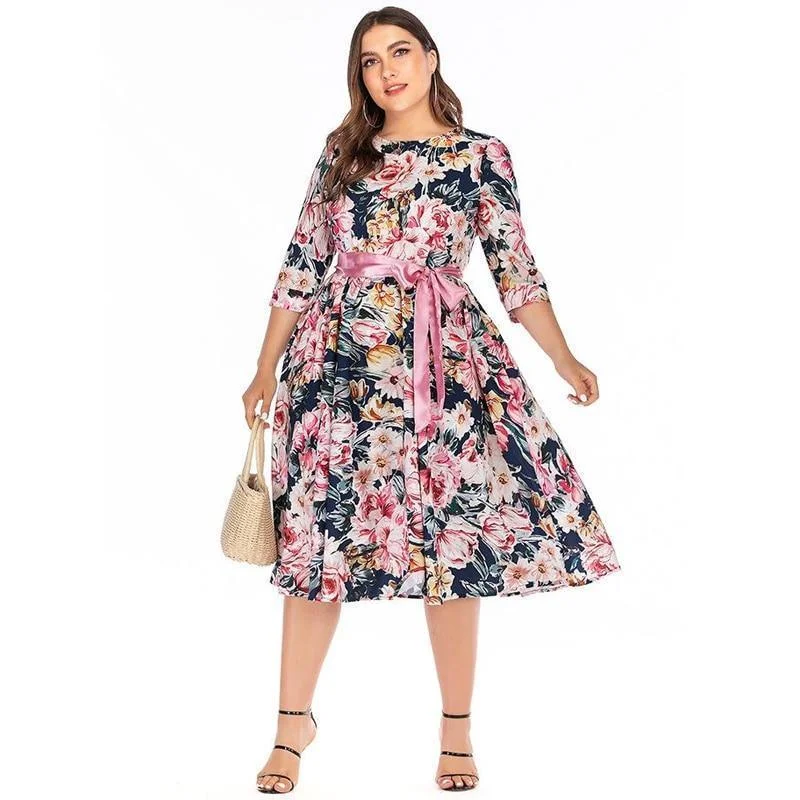 Floral Print Half-Sleeve Tie-Waist Dress Tunics Timeless classic