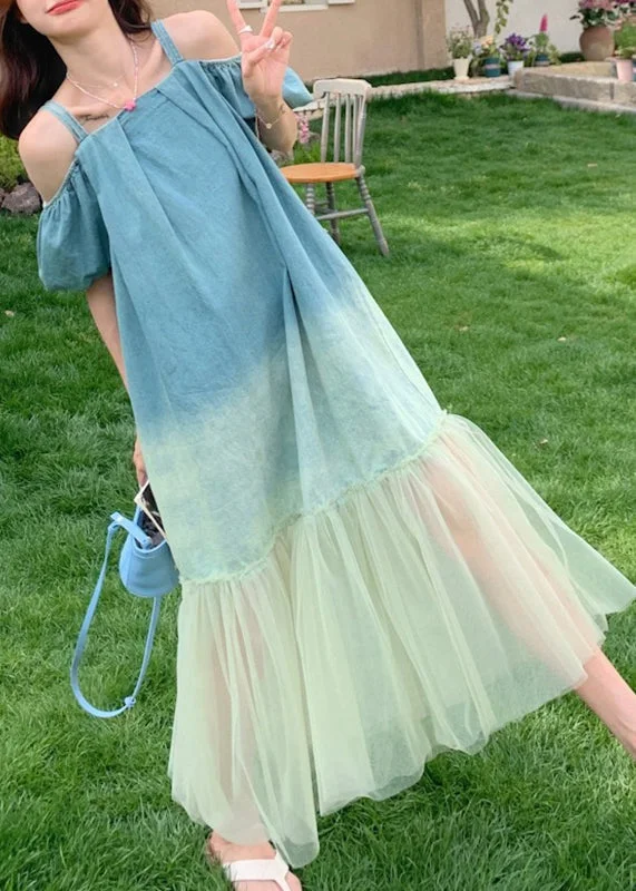 Gradient Color Blue Tulle Patchwork Spaghetti Strap Long Dress Short Sleeve UU1025 Tunics Running lightweight