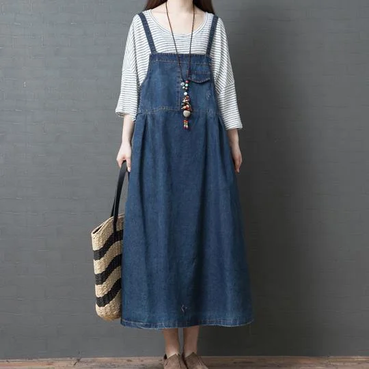 Loose carpenter cotton dress Tunic Tops denim blue long Dresses summer