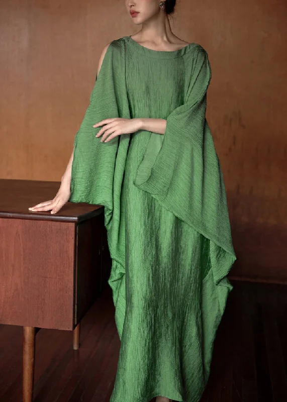 Plus Size Green O Neck Solid Cotton Long Dress Batwing Sleeve EE1049 Boat Neckline Classic