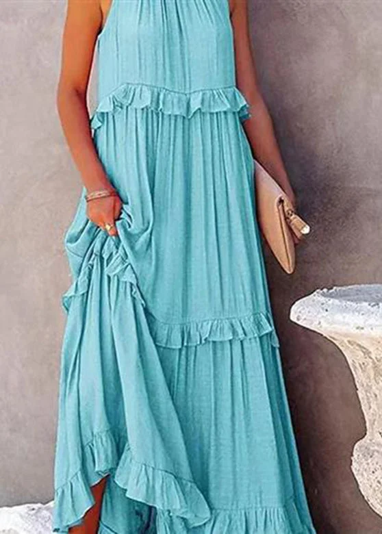 Simple Light Blue Ruffled Patchwork Wrinkled Long Dresses Summer GH1005 Tunics Brand named