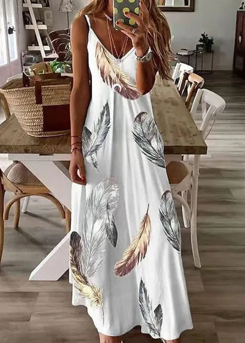 Women Feather Print V Neck Cotton Long Dresses Sleeveless WW1043 Tunics Formal black