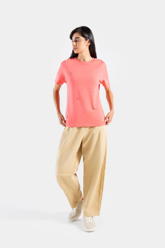 Embellished T-shirt Solid Color Striped Floral