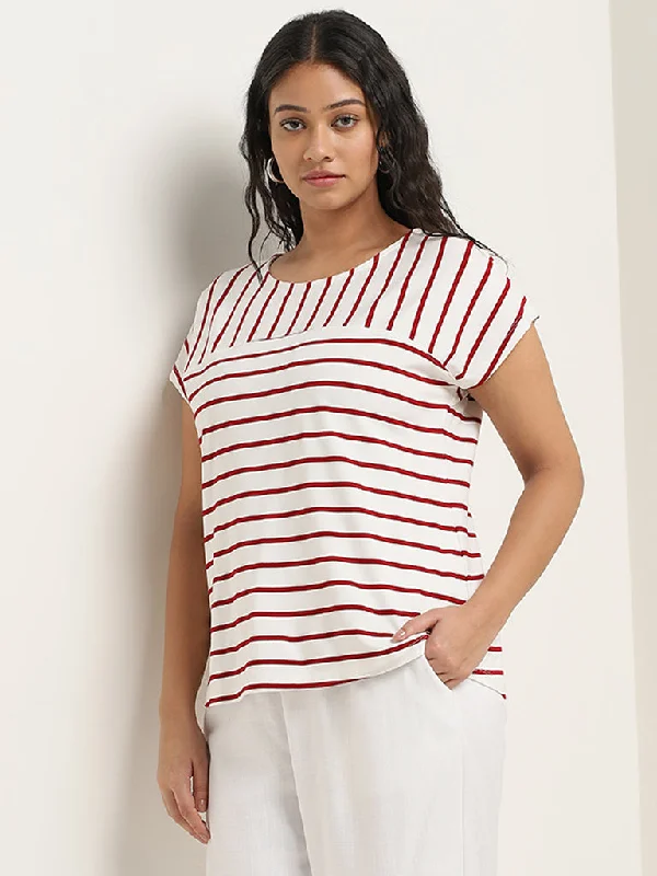 Gia Off-White Striped T-Shirt Mesh Blend Leather Blend Suede Blend