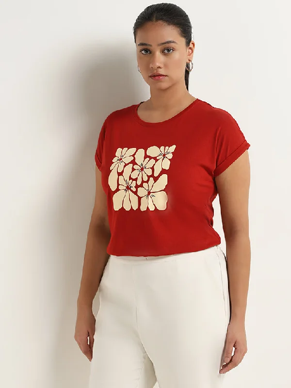 Gia Red Floral Design Cotton T-Shirt Front Pockets Side Pockets Patch Pockets