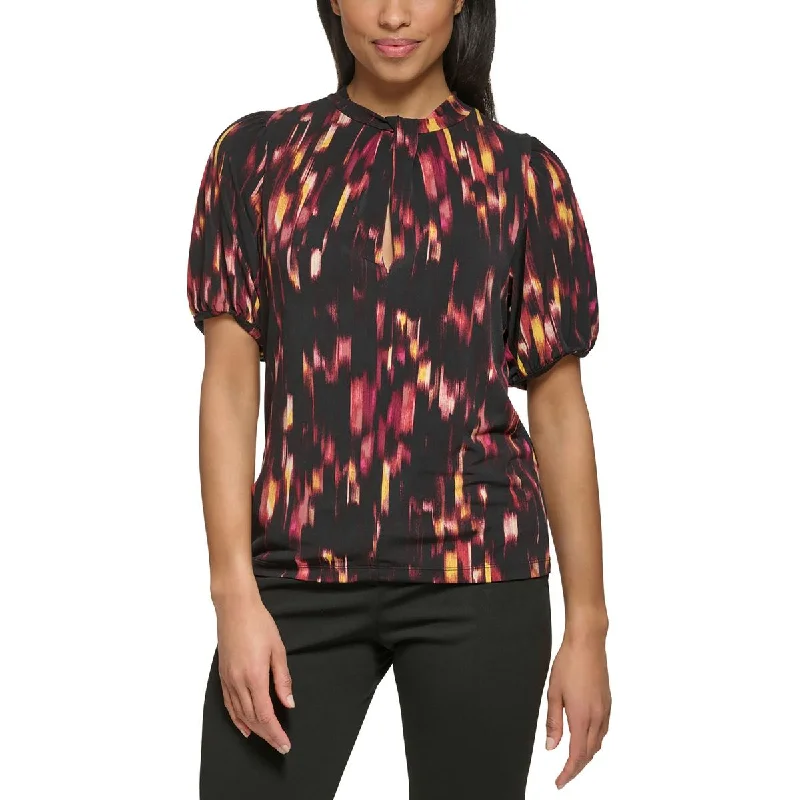 DKNY Womens Petites Printed Collared Pullover Top