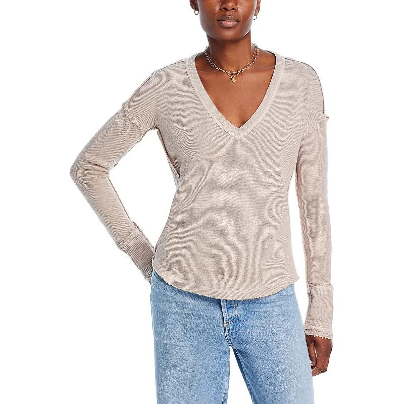 Free People Womens Ribbed V Neck Pullover Top