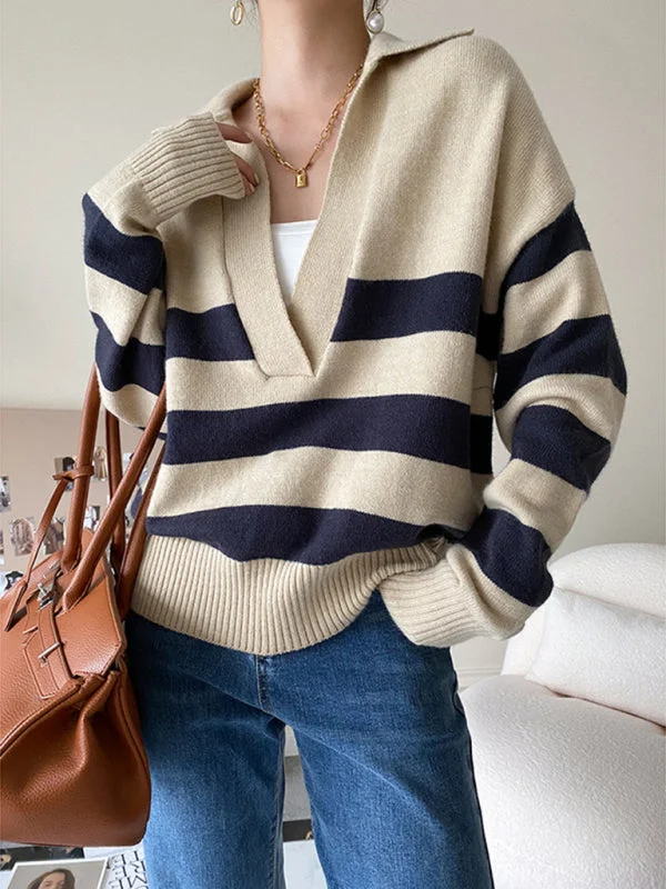 New Casual Polo Large V-neck Striped loose Pullover Sweater Ribbed Crew Neck