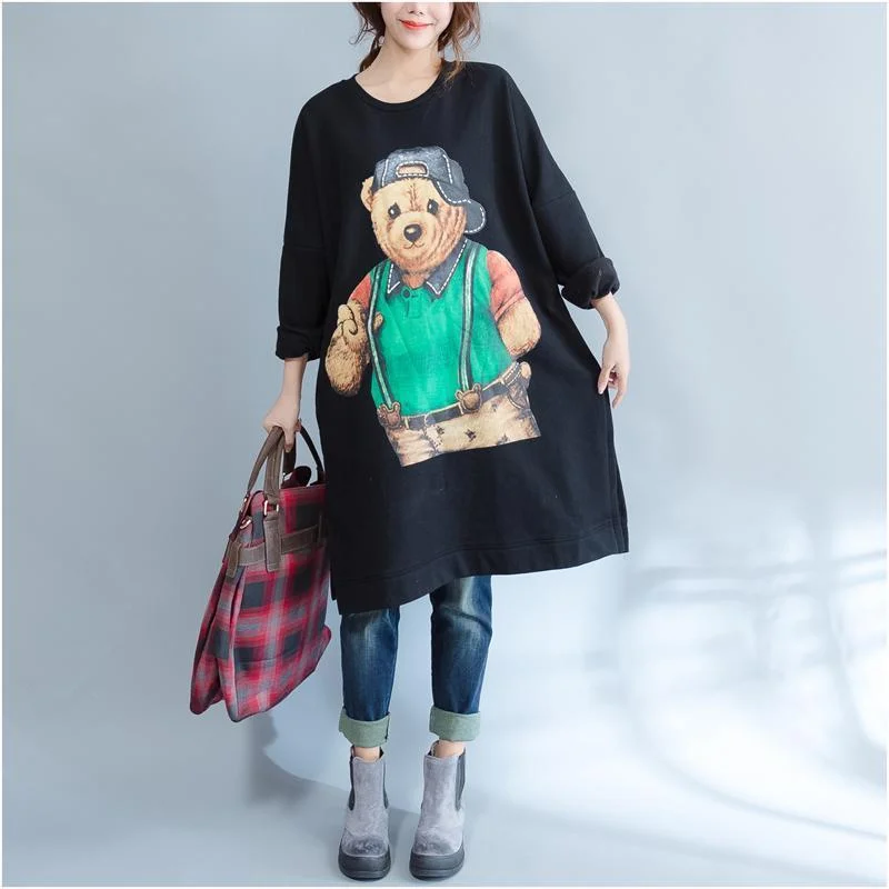 plus size casual black cartoon print cotton dresses long sleeve mid long t pullover Slit Sleeve Stylish