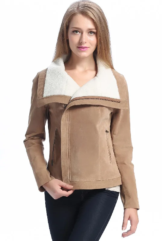 BGSD Women Chana Suede Leather Jacket Plaid Jacket Tartan Jacket Houndstooth Jacket