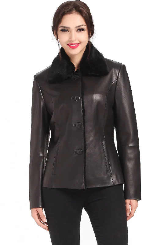 BGSD Women Kare New Zealand Lambskin Leather Jacket Boat Neck Shawl Collar Notched Collar