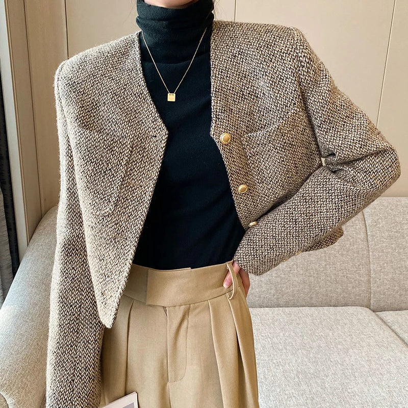 Khaki Short Tweed Jacket Women Korean Chic Style Appliqued Jacket Beaded Jacket Sequined Jacket
