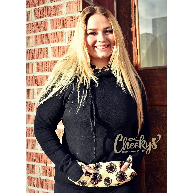 Solid Black With Sunflowers Two Hood Hoodie by Cheekys Hoodie with Half-Zip Sporty Casual