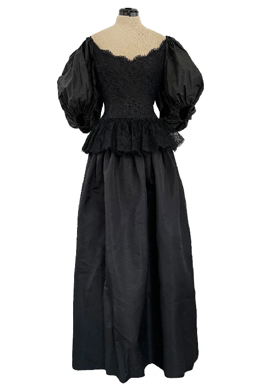 Documented Resort 1978 Oscar de la Renta Backless Black Silk & Lace Dress w Full BalloonmSleeves