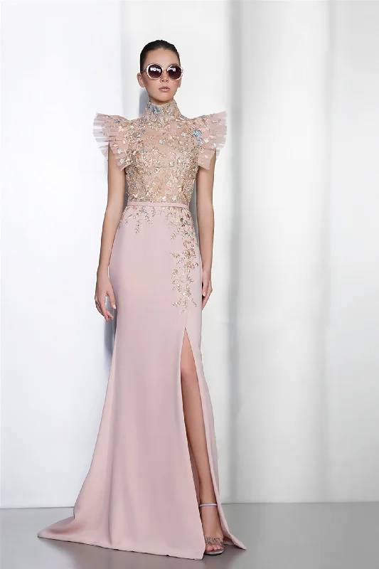 Embroidered bodice side slit dress