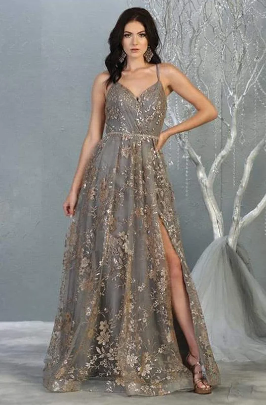 May Queen - MQ1787 Embellished V-neck A-line Gown With Slit