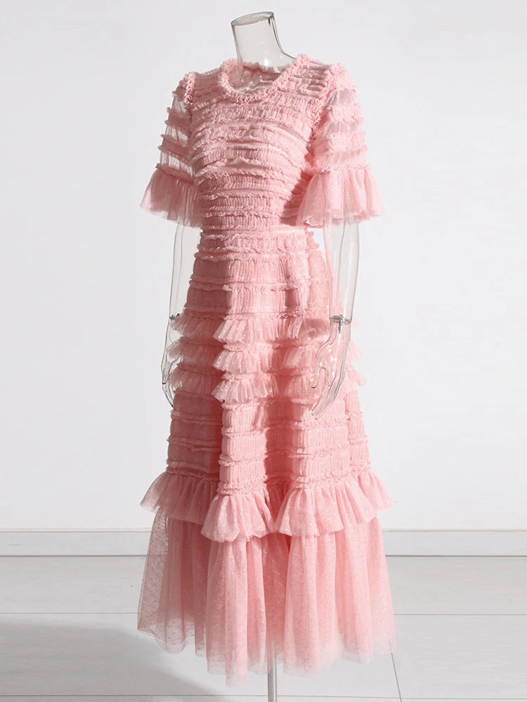 Solid Elegant Patchwork Folds Mesh Dress
